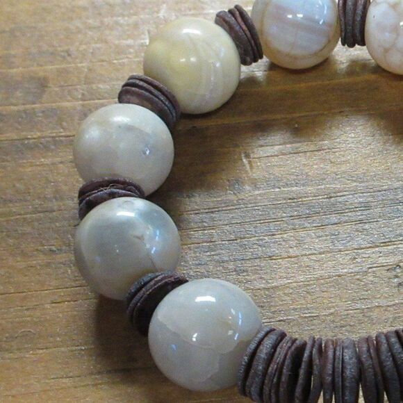 MERRISOTA JEWELRY Agate Coconut Wood Stretch Bracelet Size 6 1/2" Gemstones NEW - Picture 2 of 6